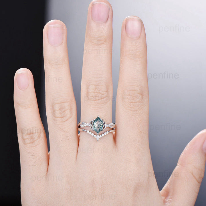 Norse Viking long hexagon moss agate engagement ring set 3/4 eternity twisted infinity moissanite & diamond band wedding ring set for women - PENFINE