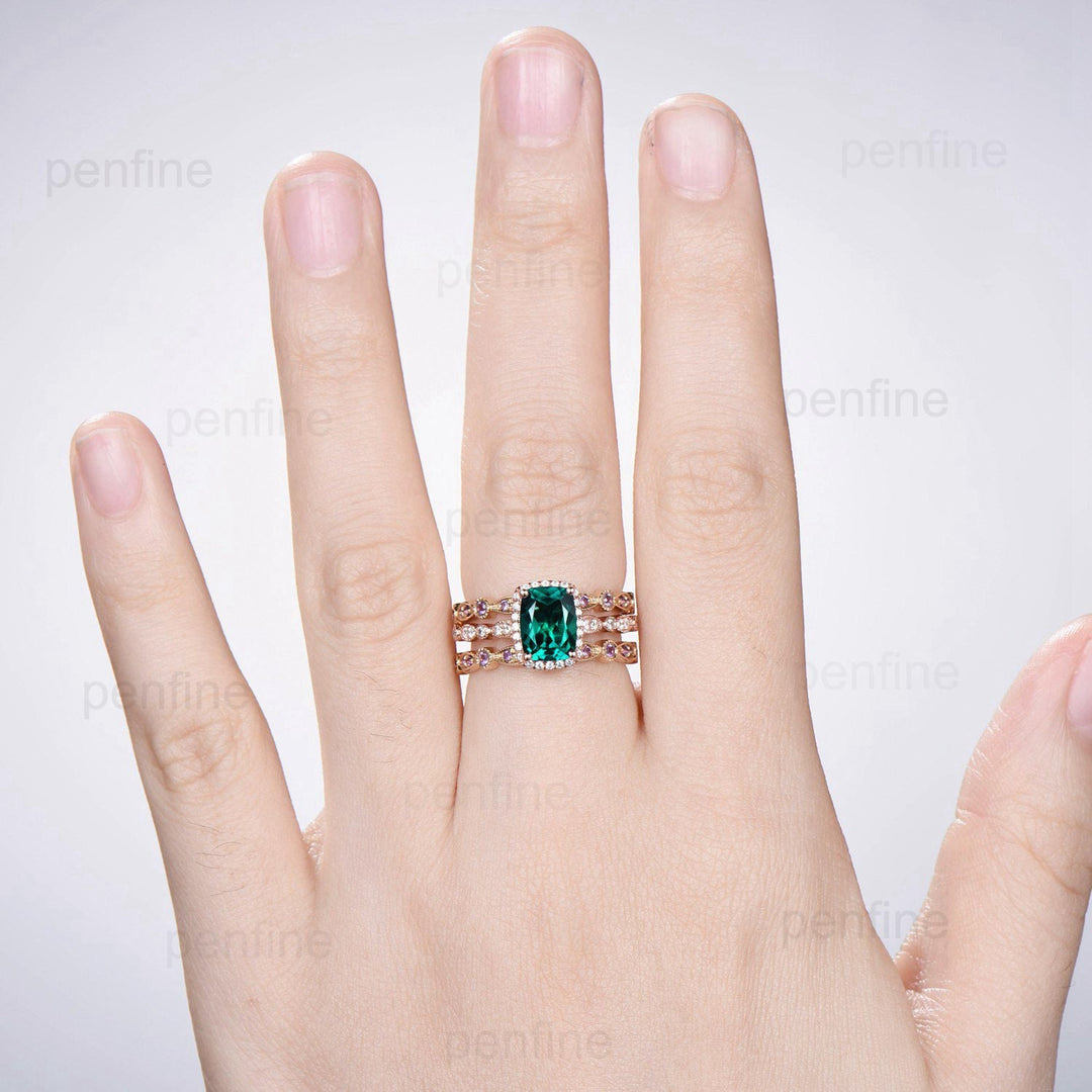 Cushion Emerald Engagement Ring Set: Rose Gold Halo Diamond & Amethyst Bands - PENFINE