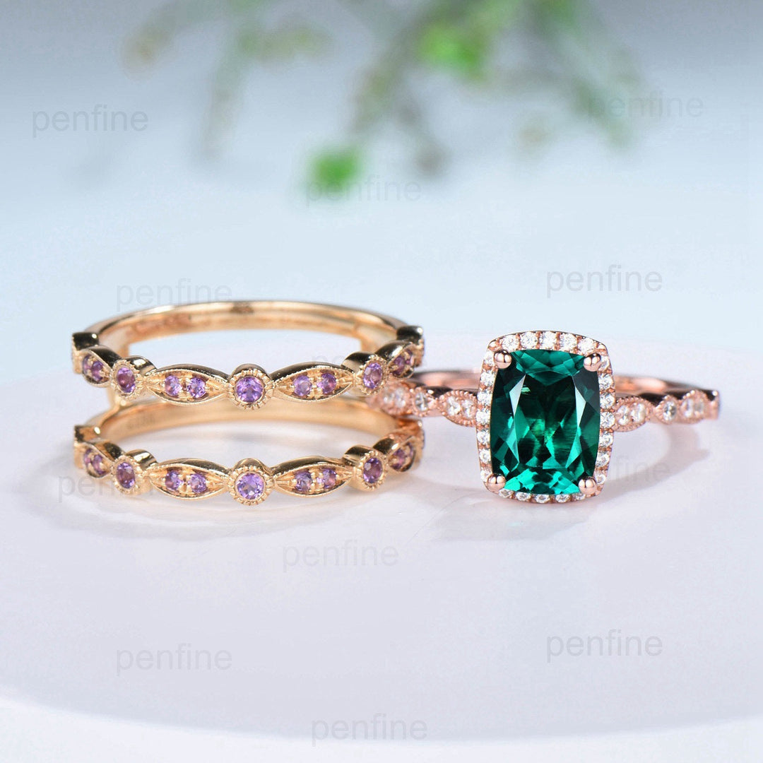 Cushion Emerald Engagement Ring Set: Rose Gold Halo Diamond & Amethyst Bands - PENFINE