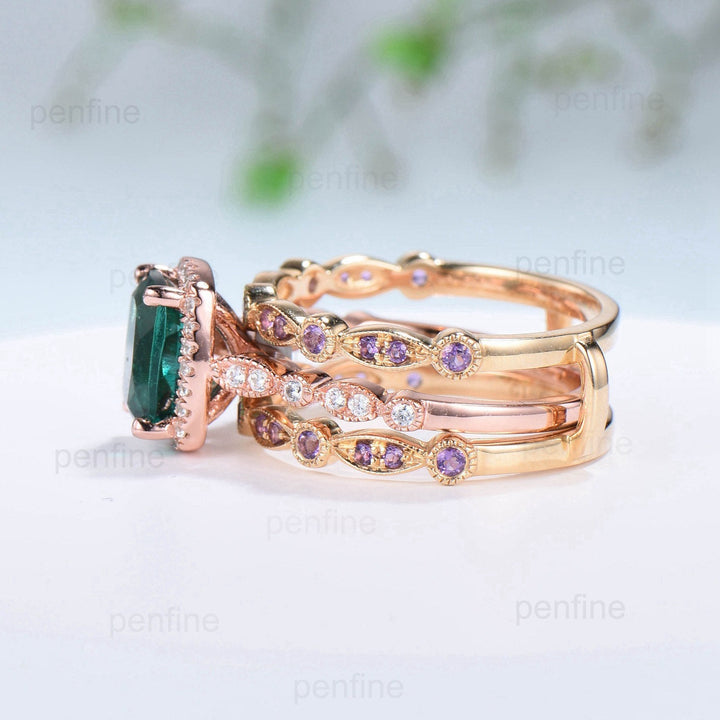 Cushion Emerald Engagement Ring Set: Rose Gold Halo Diamond & Amethyst Bands - PENFINE