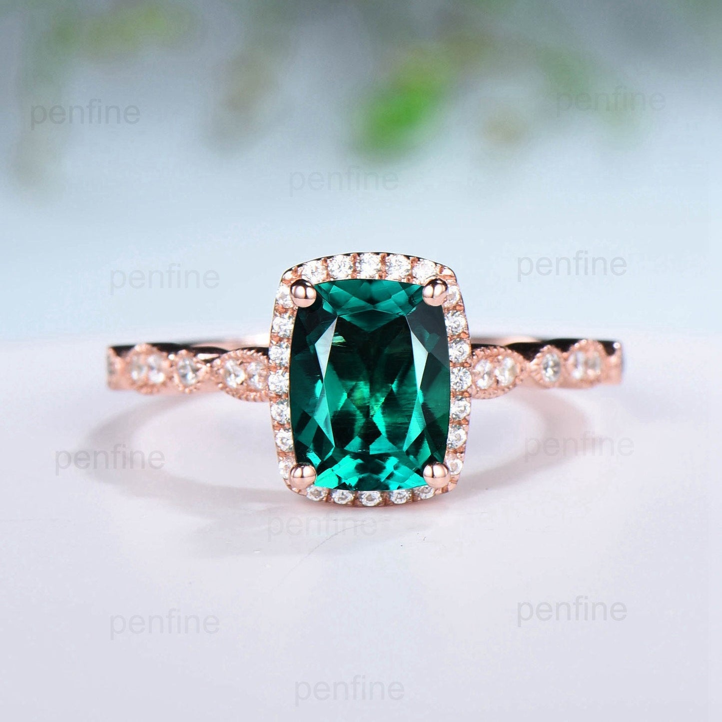 Cushion Emerald Engagement Ring Set: Rose Gold Halo Diamond & Amethyst Bands - PENFINE