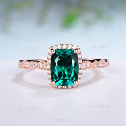 Cushion Emerald Engagement Ring Set: Rose Gold Halo Diamond & Amethyst Bands - PENFINE
