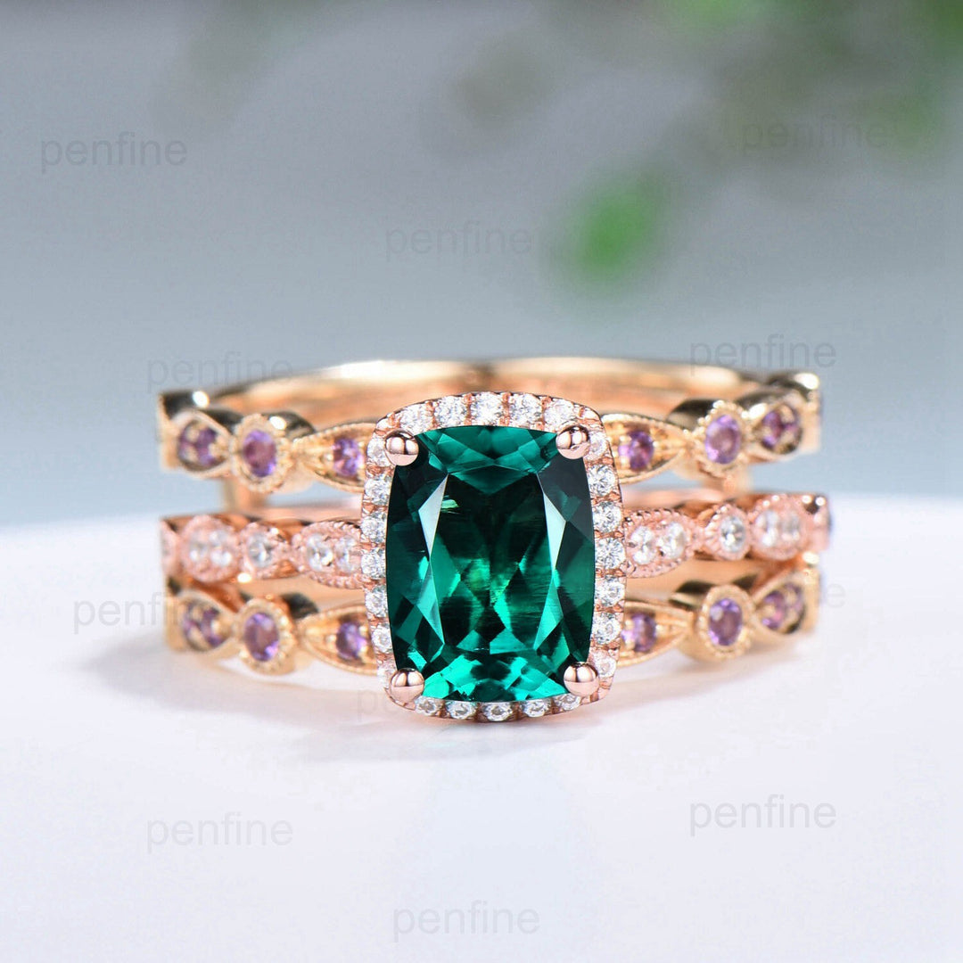 Cushion Emerald Engagement Ring Set: Rose Gold Halo Diamond & Amethyst Bands - PENFINE
