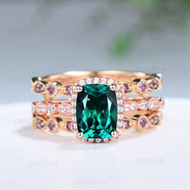 Cushion Emerald Engagement Ring Set: Rose Gold Halo Diamond & Amethyst Bands - PENFINE