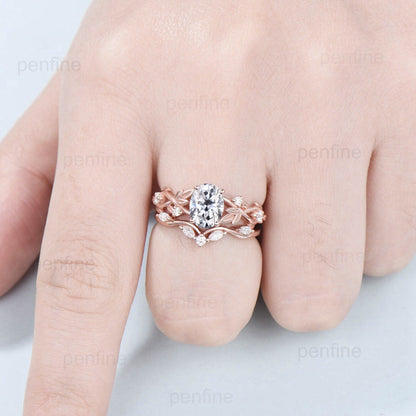 Nature Inspired Lab Grown Diamond Engagement Ring Twig Oval Diamond Bridal Ring Set Unique Leaf Diamonds Platinum Wedding Ring Set for Her - PENFINE