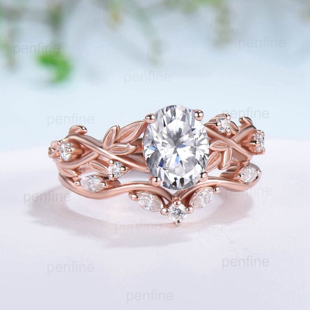 Nature Inspired Lab Grown Diamond Engagement Ring Twig Oval Diamond Bridal Ring Set Unique Leaf Diamonds Platinum Wedding Ring Set for Her - PENFINE