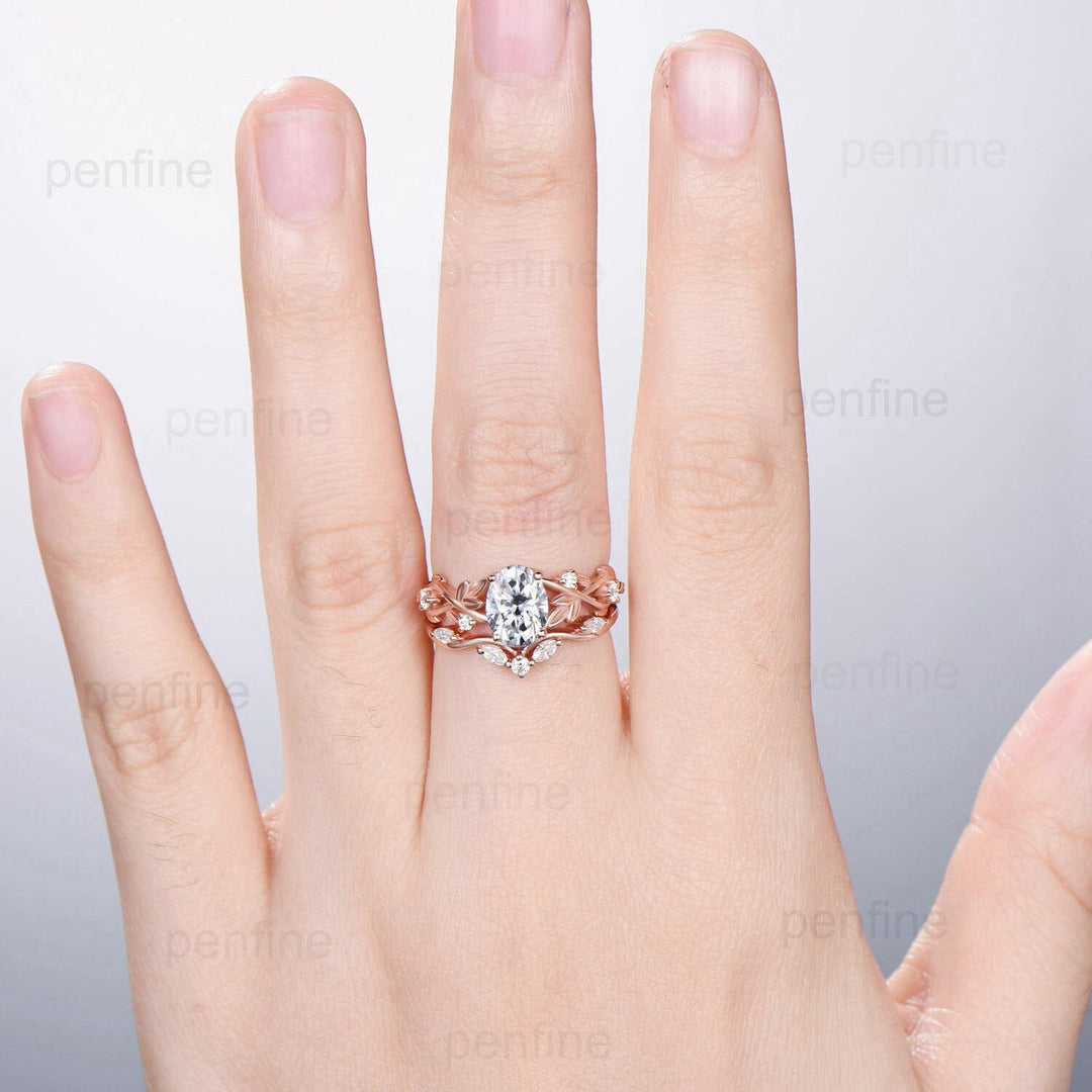 Nature Inspired Lab Grown Diamond Engagement Ring Twig Oval Diamond Bridal Ring Set Unique Leaf Diamonds Platinum Wedding Ring Set for Her - PENFINE