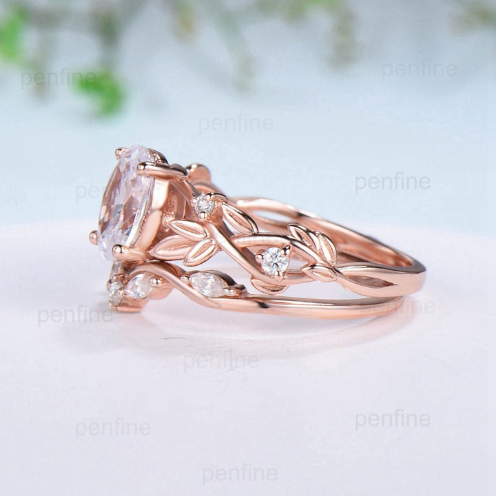 Nature Inspired Lab Grown Diamond Engagement Ring Twig Oval Diamond Bridal Ring Set Unique Leaf Diamonds Platinum Wedding Ring Set for Her - PENFINE