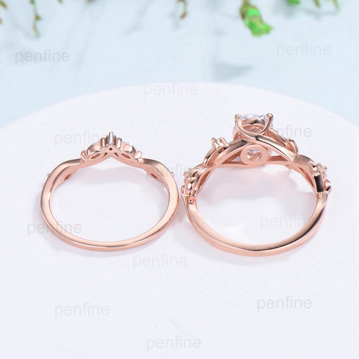 Nature Inspired Lab Grown Diamond Engagement Ring Twig Oval Diamond Bridal Ring Set Unique Leaf Diamonds Platinum Wedding Ring Set for Her - PENFINE