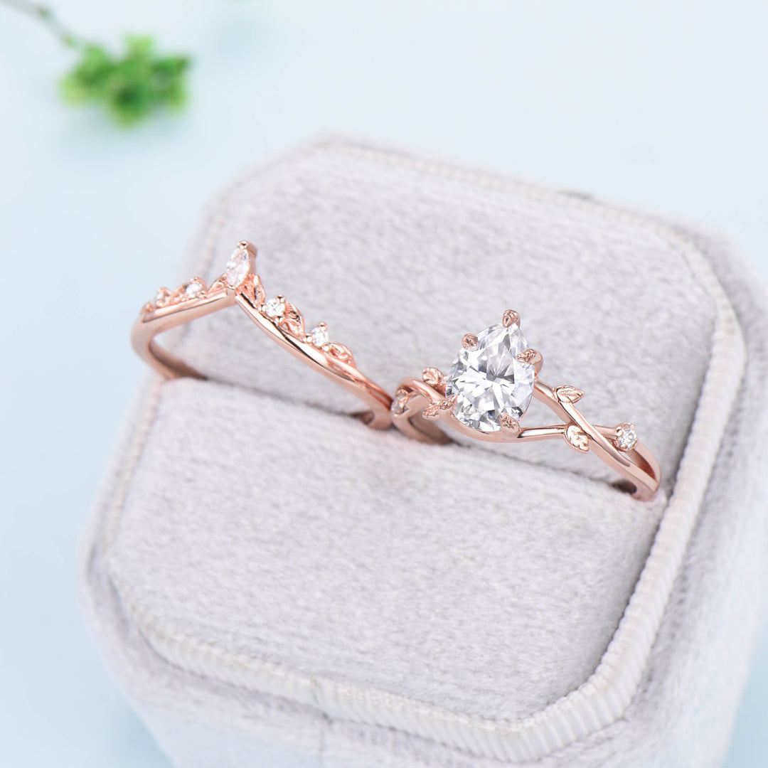 VS1-D Pear Cut Lab Grown Diamond Leaf  Engagement Ring Twig Diamond Wedding Ring Set Nature Inspired Leaf Diamonds Wedding Ring Set for Her - PENFINE