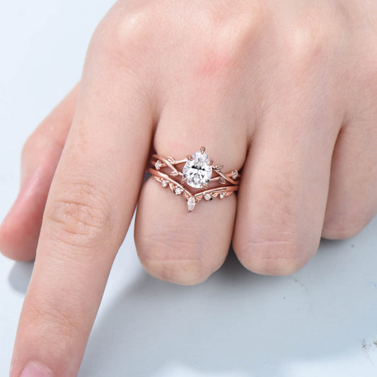 VS1-D Pear Cut Lab Grown Diamond Leaf Engagement Ring Twig Diamond Wedding Ring Set Nature Inspired Leaf Diamonds Wedding Ring Set for Her - PENFINE
