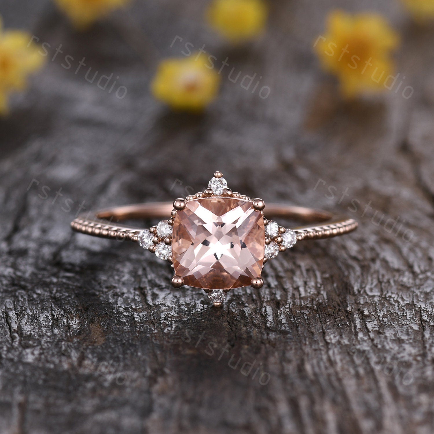 Art Deco Pink Morganite Engagement Ring: Diamond 14K Rose Gold Wedding Band
