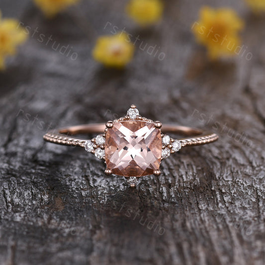 Art Deco Pink Morganite Engagement Ring: Diamond 14K Rose Gold Wedding Band
