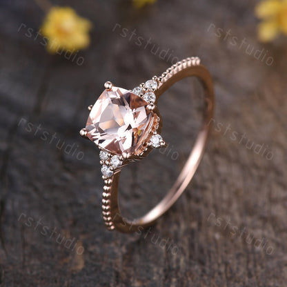 Art Deco Pink Morganite Engagement Ring: Diamond 14K Rose Gold Wedding Band