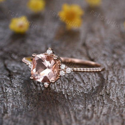 Art Deco Pink Morganite Engagement Ring: Diamond 14K Rose Gold Wedding Band