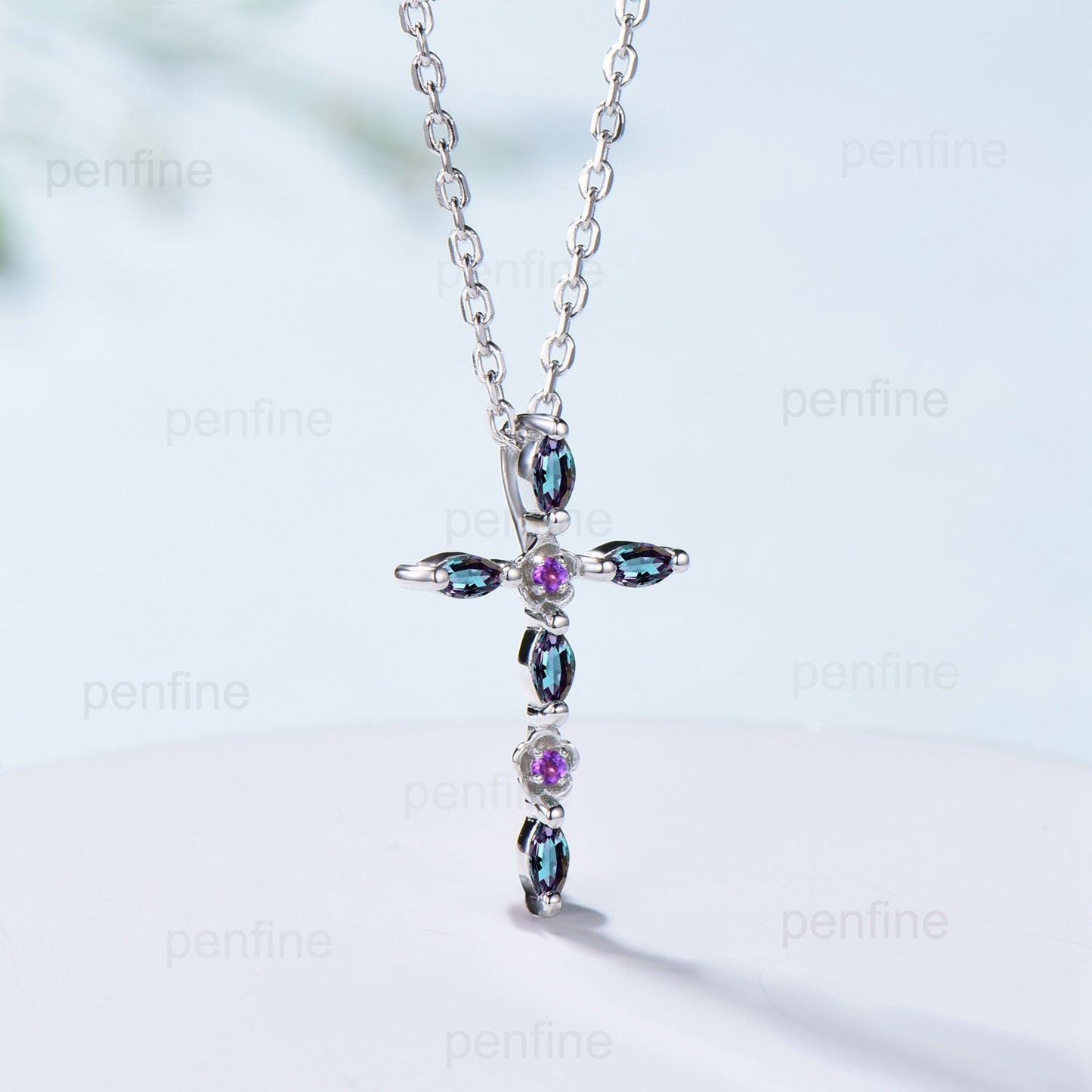 Cross Pendant Necklace Alexandrite Flower Amethyst Necklace Cross Jesus Retro Vintage Cross Pendant White Gold Anniversary gift for women - PENFINE