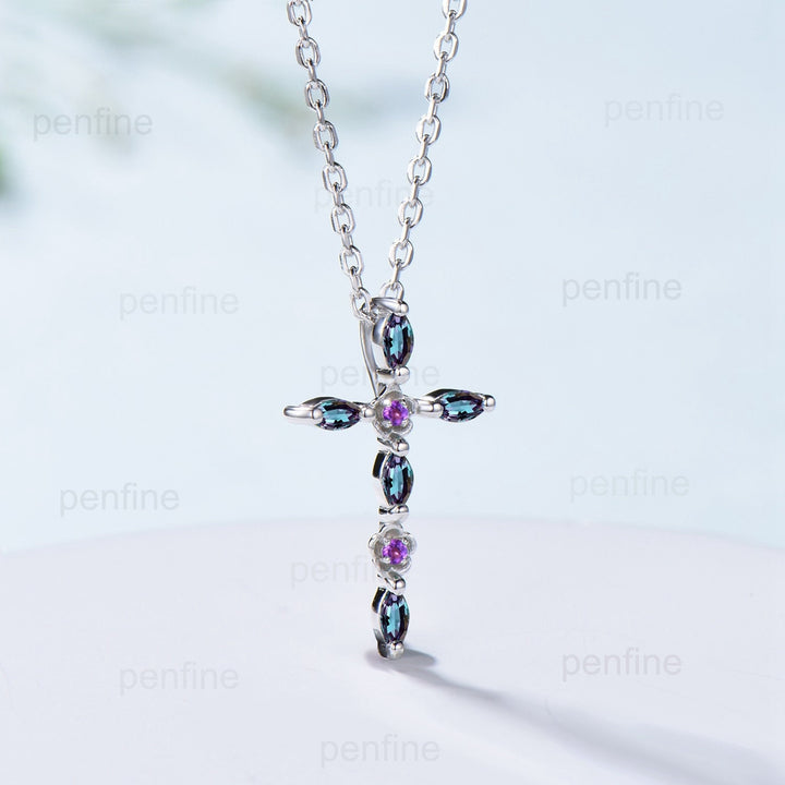 Cross Pendant Necklace Alexandrite Flower Amethyst Necklace Cross Jesus Retro Vintage Cross Pendant White Gold Anniversary gift for women - PENFINE