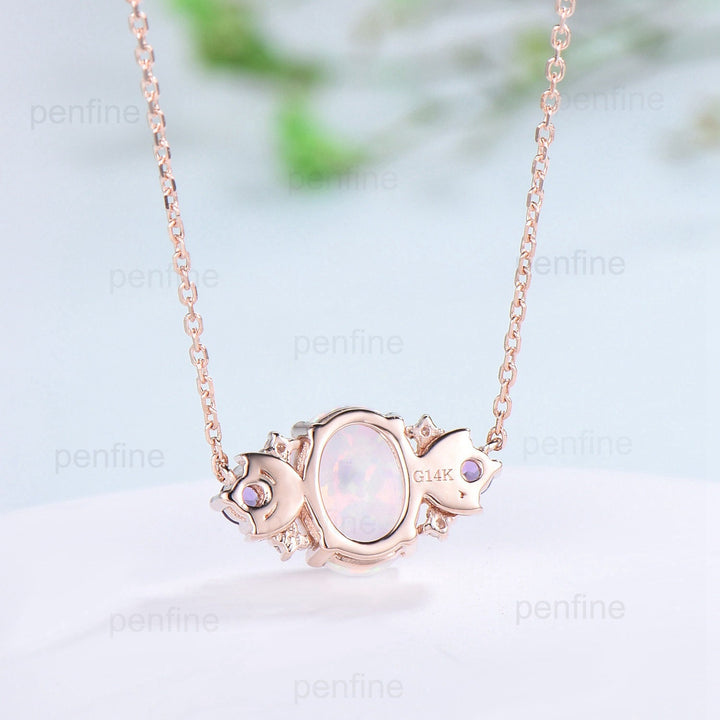 Vintage Moon Opal Amethyst Pendant Necklace Unique Nature Inspired Fire Opal Pendant Alternative Cute Amethyst Moissanite Necklace For Women - PENFINE
