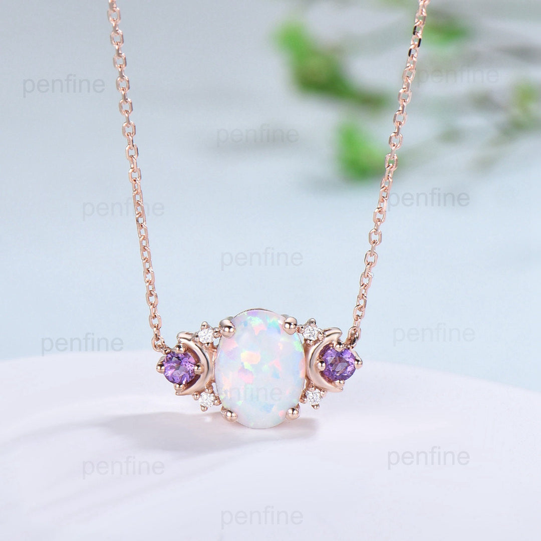 Vintage Moon Opal Amethyst Pendant Necklace Unique Nature Inspired Fire Opal Pendant Alternative Cute Amethyst Moissanite Necklace For Women - PENFINE