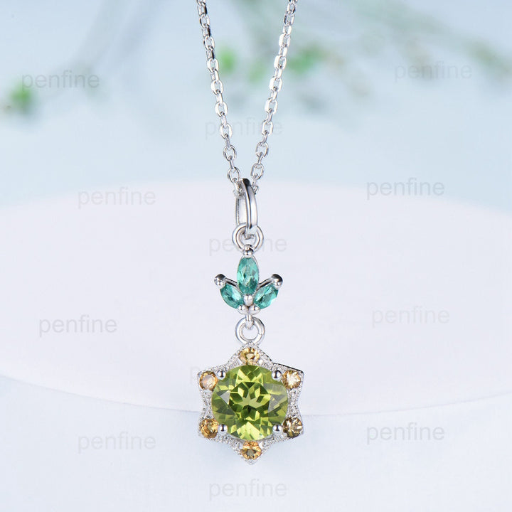 Vintage Peridot and Citrine Halo Pendant: Handmade Sterling Silver Necklace - PENFINE