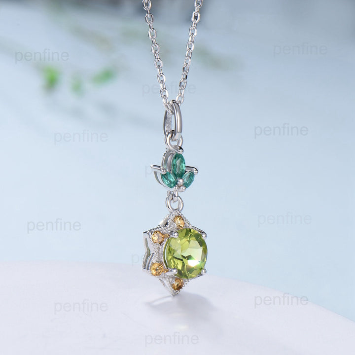 Vintage Peridot and Citrine Halo Pendant: Handmade Sterling Silver Necklace - PENFINE