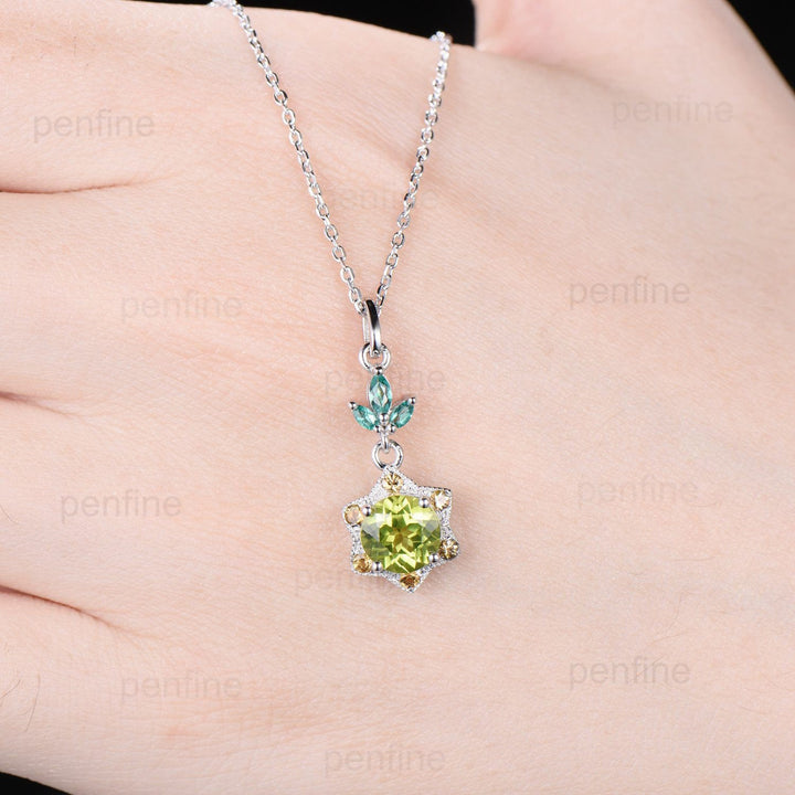 Vintage Peridot and Citrine Halo Pendant: Handmade Sterling Silver Necklace - PENFINE