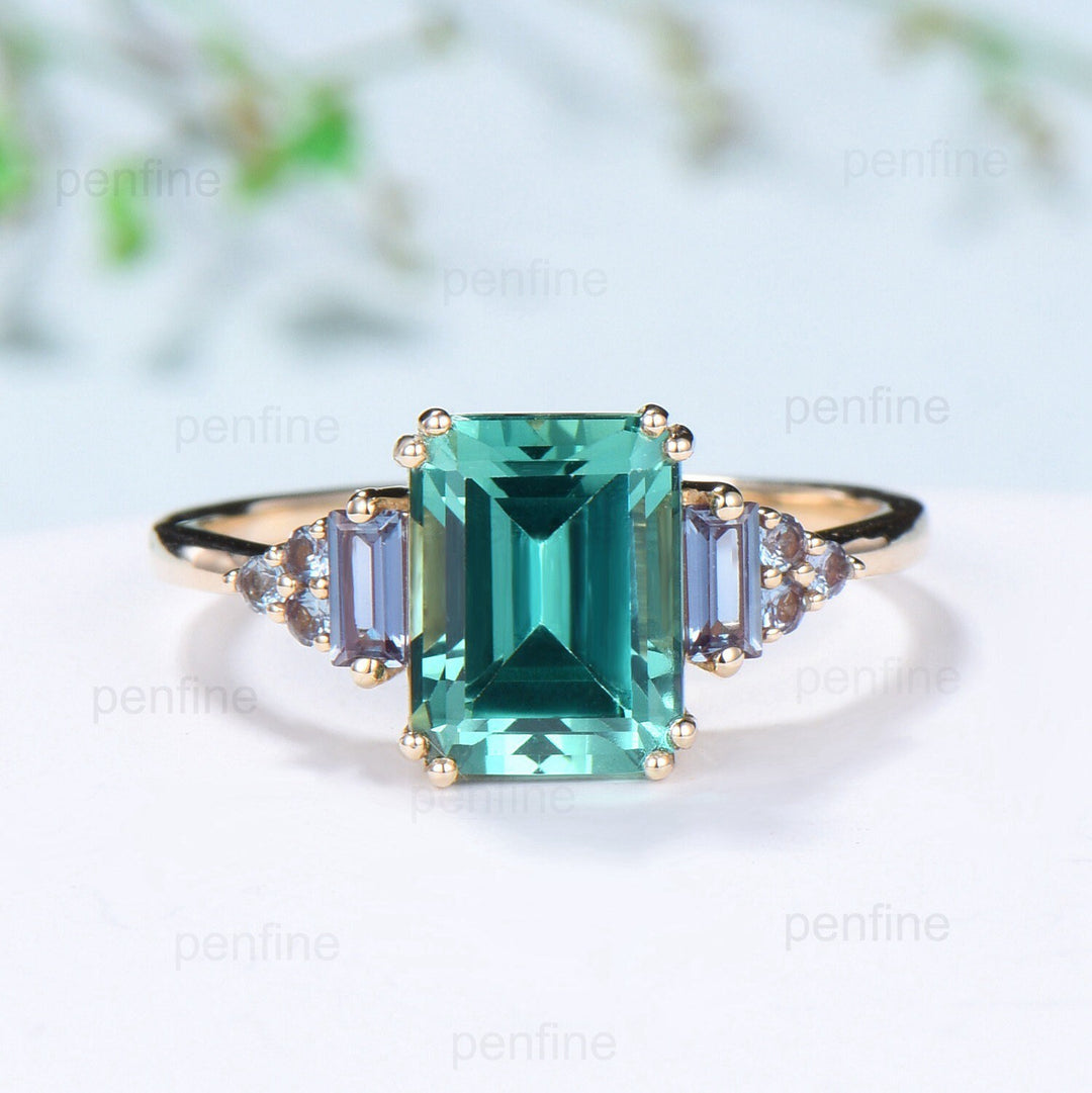 Unique Emerald Cut Green Sapphire Ring 8 Prongs Cluster Baguette Alexandrite Engagement Ring Vintage Green Crystal Wedding Ring for Women - PENFINE