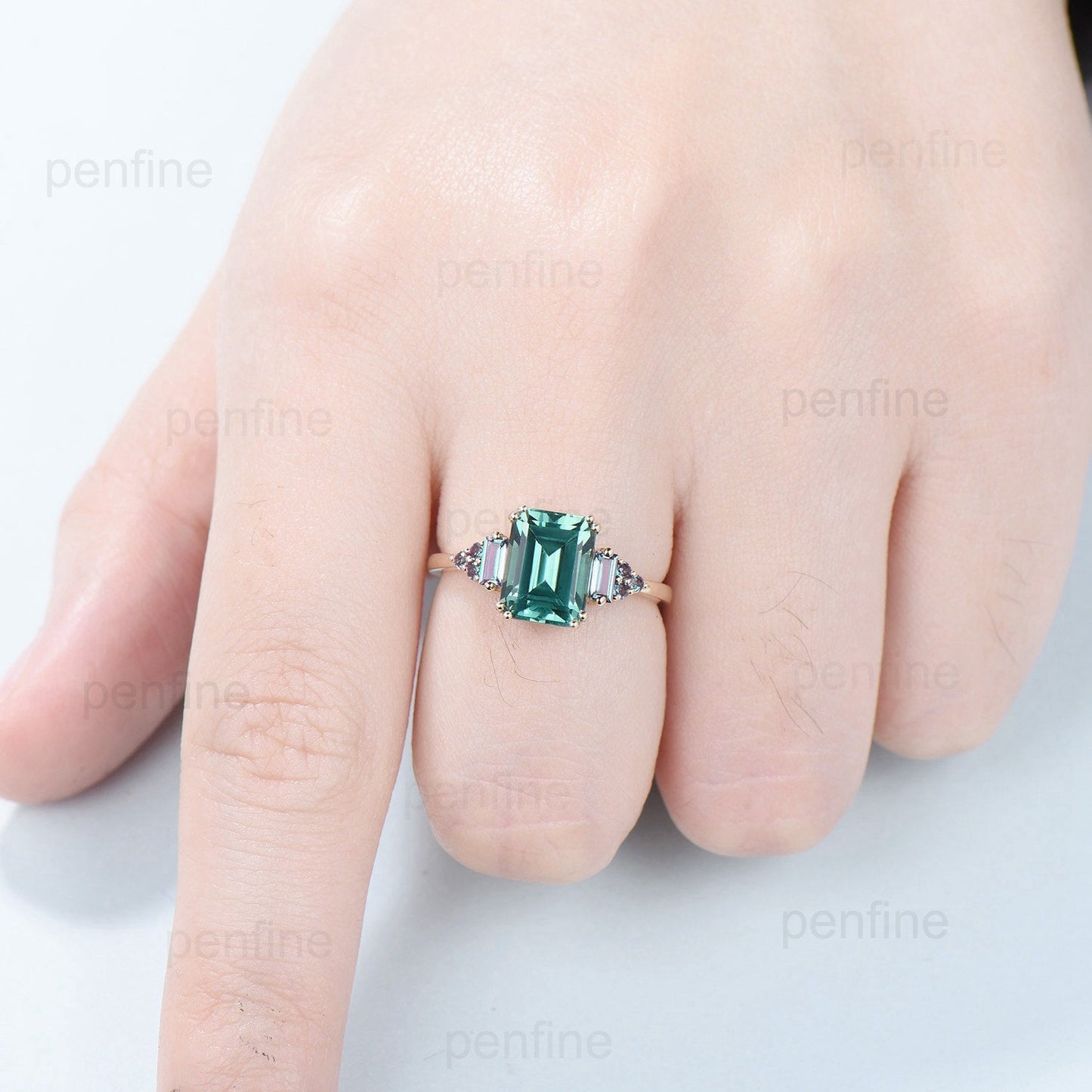 Unique Emerald Cut Green Sapphire Ring 8 Prongs Cluster Baguette Alexandrite Engagement Ring Vintage Green Crystal Wedding Ring for Women - PENFINE