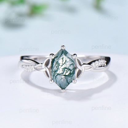 Rose Gold Norse Viking long hexagon moss agate engagement ring 3/4 eternity twisted infinity moissanite/diamond band wedding ring for women - PENFINE