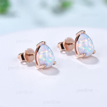 Dainty fire opal wedding set solitaire white opal engagement ring rose gold minimalist October birthstone pendant necklace opal earrings - PENFINE
