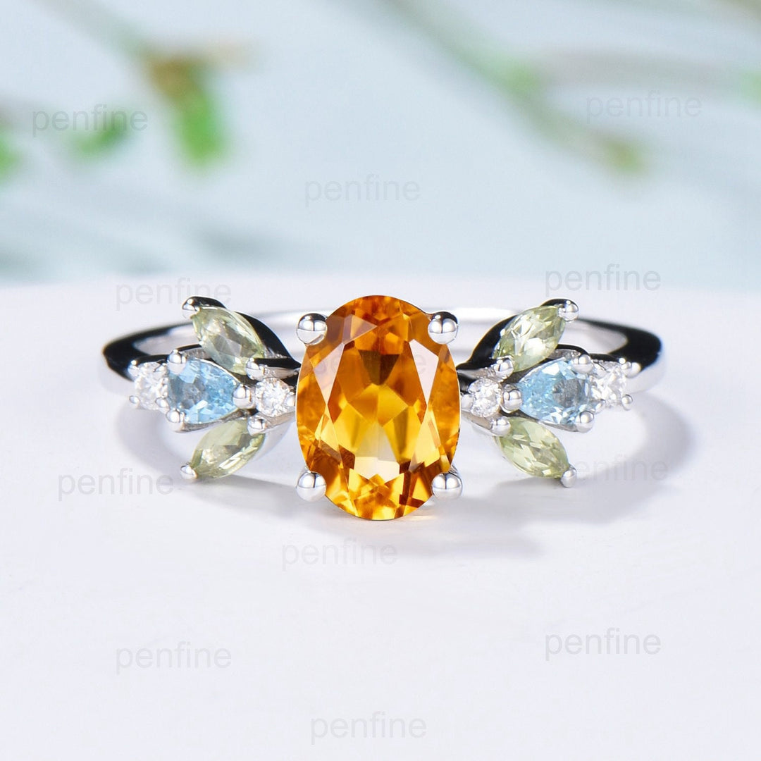 Unique Oval Citrine Engagement Rings Multi-Stone Rings Marqusie Cut Peridot Wedding Ring Swiss Topaz Anniversary Ring Vintage Rose Gold Ring - PENFINE