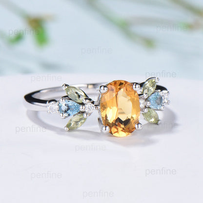 Unique Oval Citrine Engagement Rings Multi-Stone Rings Marqusie Cut Peridot Wedding Ring Swiss Topaz Anniversary Ring Vintage Rose Gold Ring - PENFINE