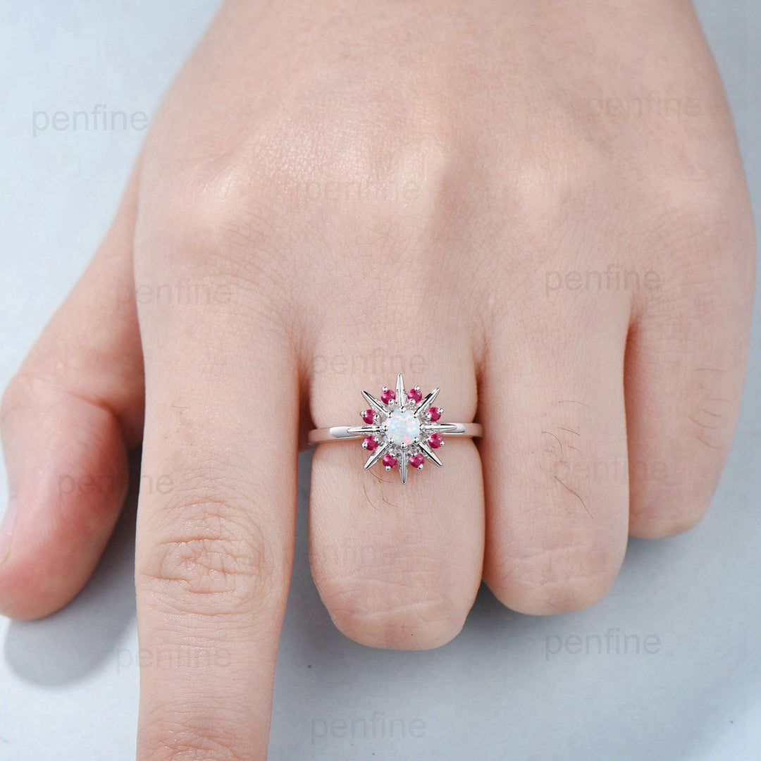 Vintage Galaxy Star Fire Opal Engagement Ring Sunflower White Gold Art Deco Opal Ruby Stacking Promise Ring Handmade Proposal Gifts Women - PENFINE