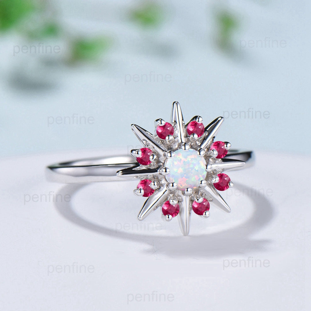 Vintage Galaxy Star Fire Opal Engagement Ring Sunflower White Gold Art Deco Opal Ruby Stacking Promise Ring Handmade Proposal Gifts Women - PENFINE