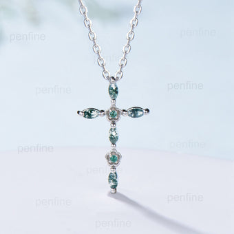 Cross Pendant Necklace Moss Agate Flower Emerald Necklace Aquatic Agate Retro Vintage Agate Pendant White Gold Anniversary gift for women - PENFINE
