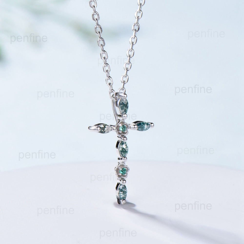 Cross Pendant Necklace Moss Agate Flower Emerald Necklace Aquatic Agate Retro Vintage Agate Pendant White Gold Anniversary gift for women - PENFINE