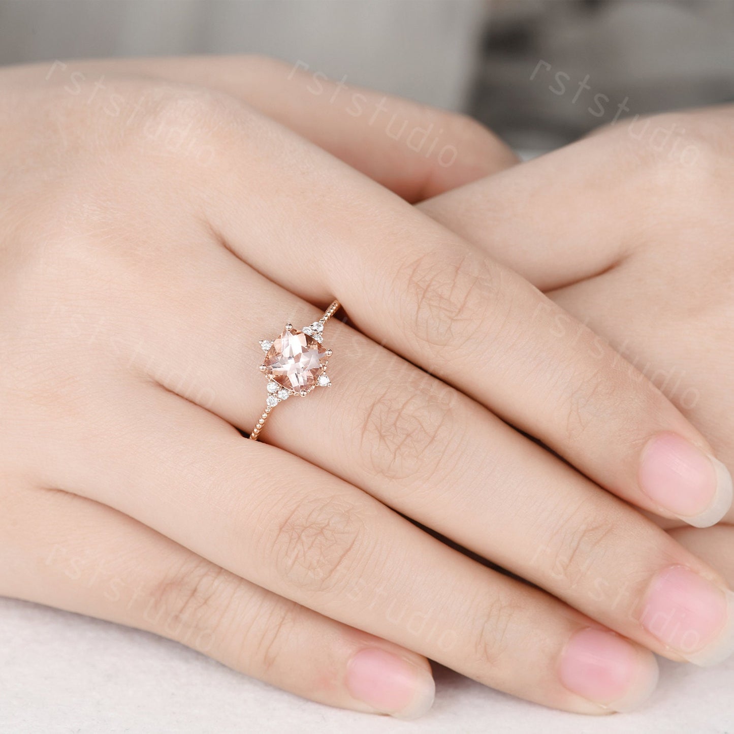 Art Deco Pink Morganite Engagement Ring: Diamond 14K Rose Gold Wedding Band