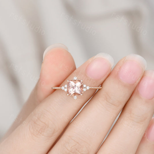 Art Deco Pink Morganite Engagement Ring: Diamond 14K Rose Gold Wedding Band