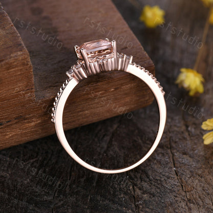 Art Deco Pink Morganite Engagement Ring: Diamond 14K Rose Gold Wedding Band