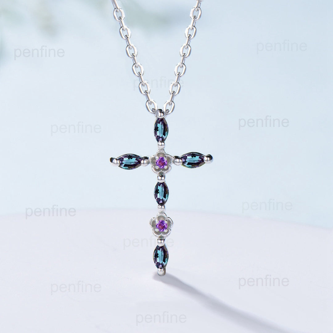 Cross Pendant Necklace Alexandrite Flower Amethyst Necklace Cross Jesus Retro Vintage Cross Pendant White Gold Anniversary gift for women - PENFINE