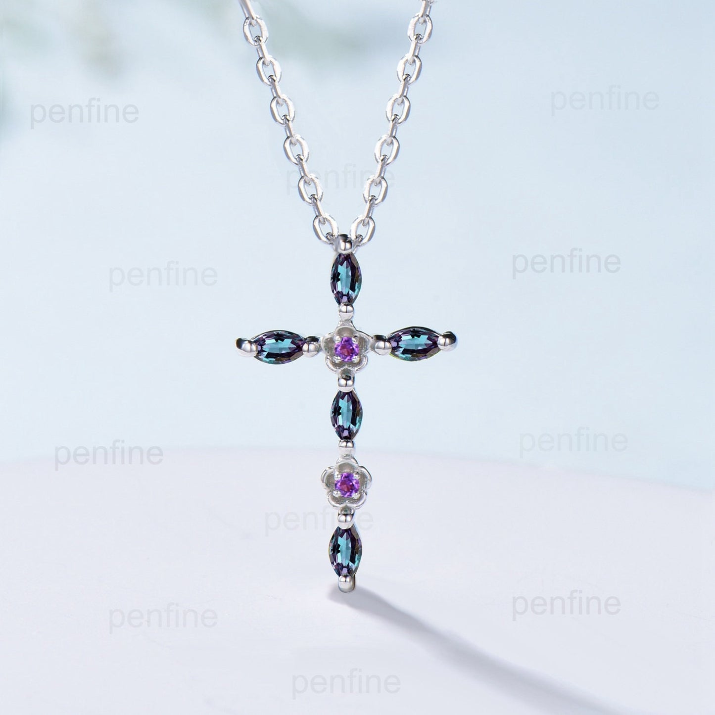 Cross Pendant Necklace Alexandrite Flower Amethyst Necklace Cross Jesus Retro Vintage Cross Pendant White Gold Anniversary gift for women - PENFINE