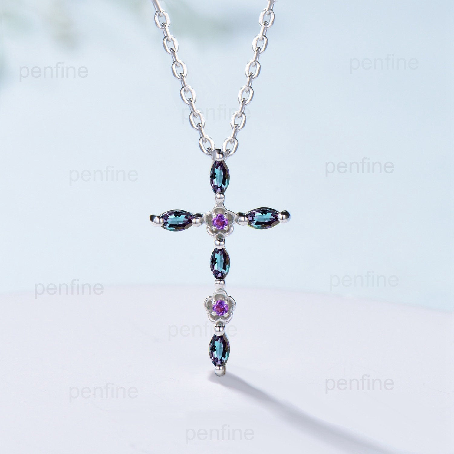 Cross Pendant Necklace Alexandrite Flower Amethyst Necklace Cross Jesus Retro Vintage Cross Pendant White Gold Anniversary gift for women - PENFINE
