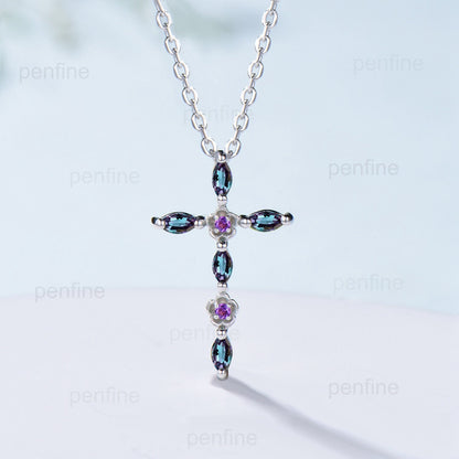 Cross Pendant Necklace Alexandrite Flower Amethyst Necklace Cross Jesus Retro Vintage Cross Pendant White Gold Anniversary gift for women - PENFINE