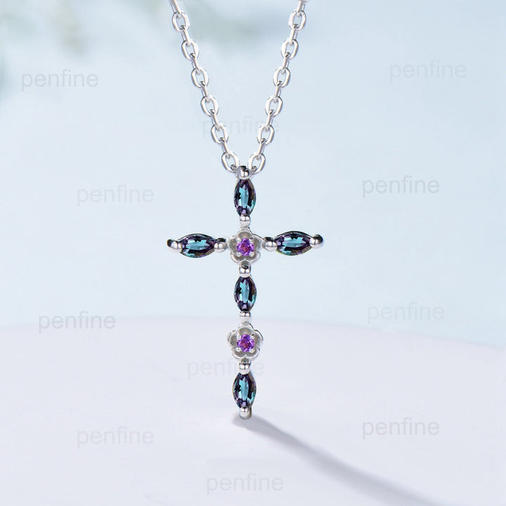 Cross Pendant Necklace Alexandrite Flower Amethyst Necklace Cross Jesus Retro Vintage Cross Pendant White Gold Anniversary gift for women - PENFINE