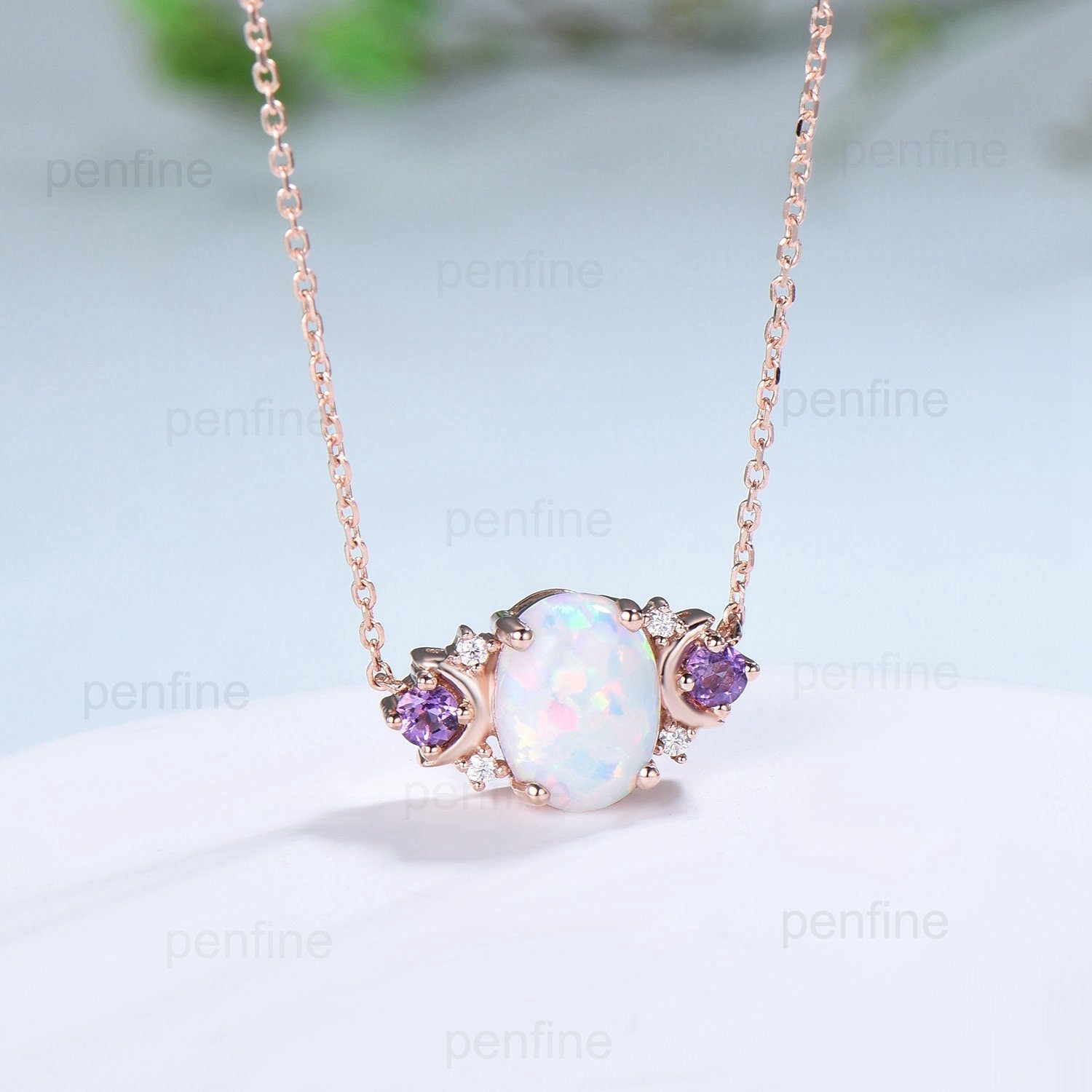 Vintage Moon Opal Amethyst Pendant Necklace Unique Nature Inspired Fire Opal Pendant Alternative Cute Amethyst Moissanite Necklace For Women - PENFINE
