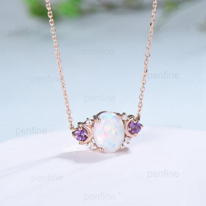 Vintage Moon Opal Amethyst Pendant Necklace Unique Nature Inspired Fire Opal Pendant Alternative Cute Amethyst Moissanite Necklace For Women - PENFINE