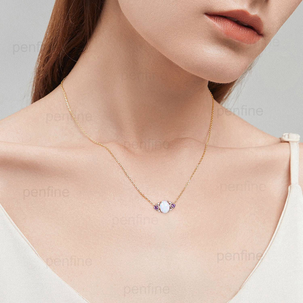 Vintage Moon Opal Amethyst Pendant Necklace Unique Nature Inspired Fire Opal Pendant Alternative Cute Amethyst Moissanite Necklace For Women - PENFINE