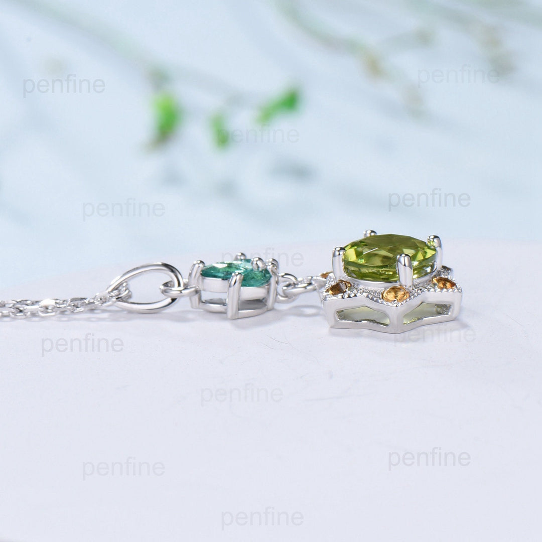 Vintage Peridot and Citrine Halo Pendant: Handmade Sterling Silver Necklace - PENFINE