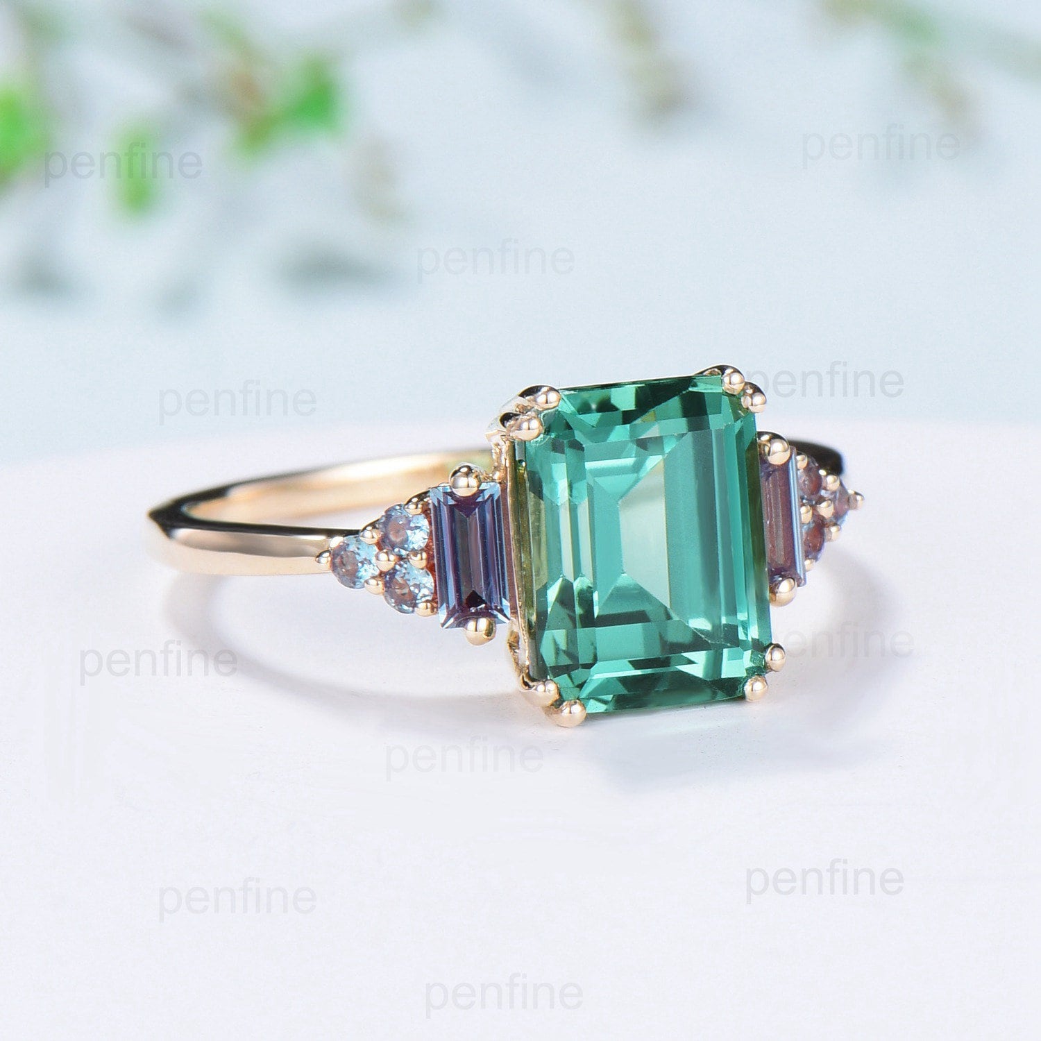 Antique Green cheapest Sapphire Engagement Ring Emerald Cut 14K White Gold Three Stone Cocktail Ring