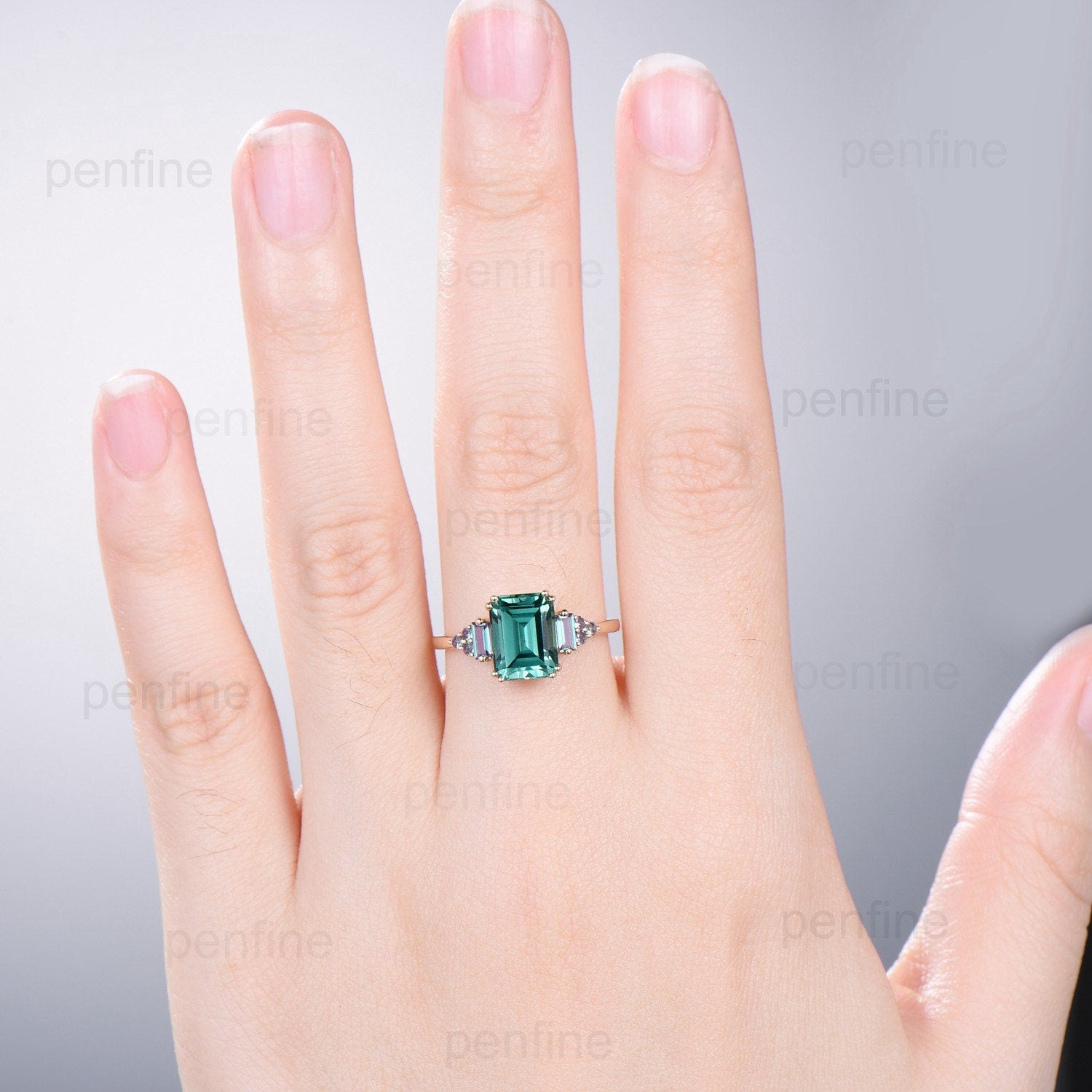 Unique Emerald Cut Green Sapphire Ring 8 Prongs Cluster Baguette Alexandrite Engagement Ring Vintage Green Crystal Wedding Ring for Women - PENFINE